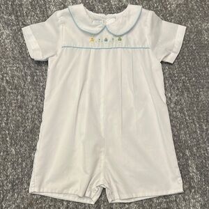 Petit Ami White Romper with Blue Trim and Pastel Embroidery